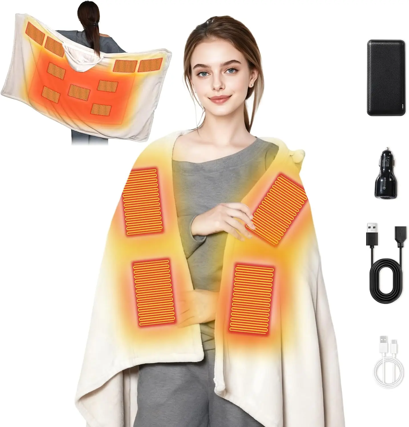 

USB Heated Blanket with Hood, 9 Heating Zones, 20000mAh Power Bank, Portable for Camping Gift