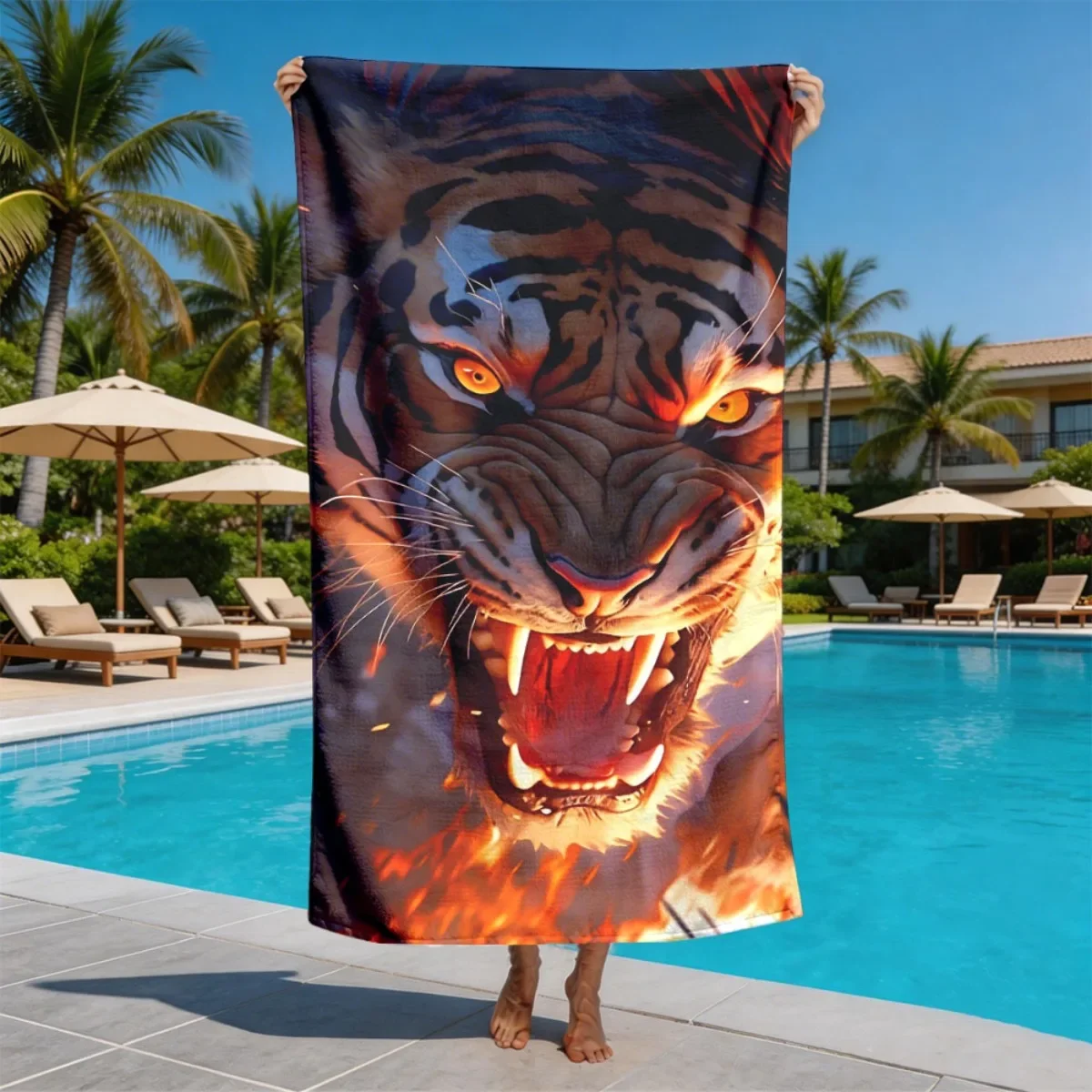 Flame roaring tiger pattern polyester microfiber beach towel is highly absorbent, suitable for swimming and beach outings