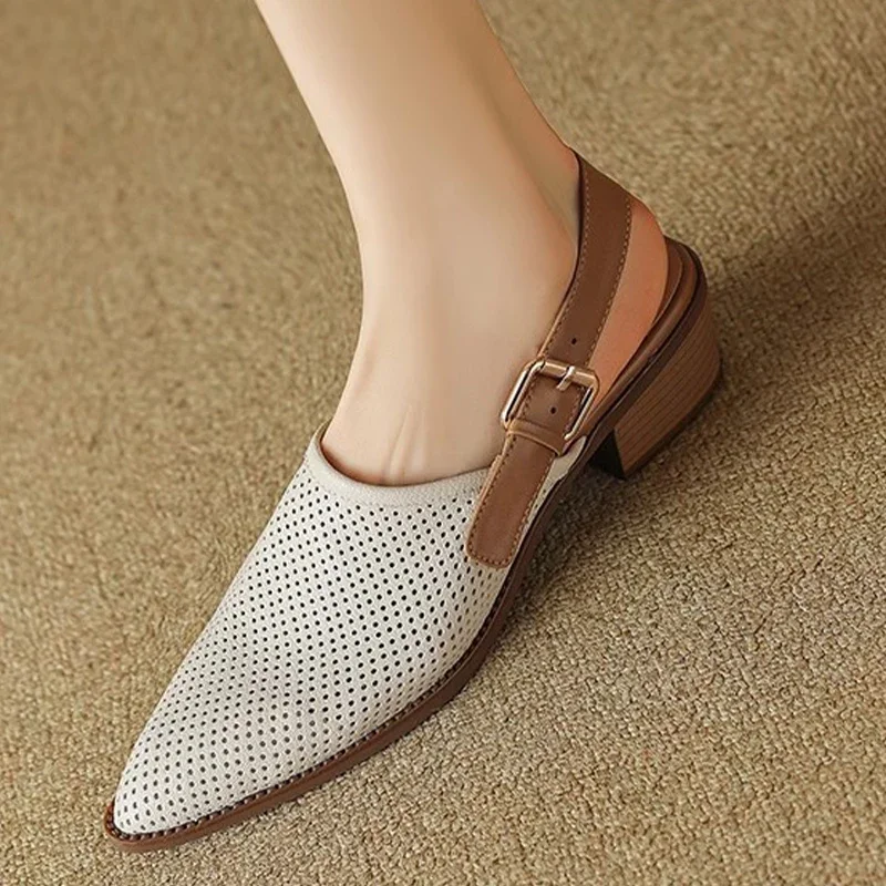 Mesh Sandals Mid Heels Retro Women Shoes Pointed Toe New Chunky Slippers 2024 Fashion Summer Pumps Walking Dress Mujer Zapatos