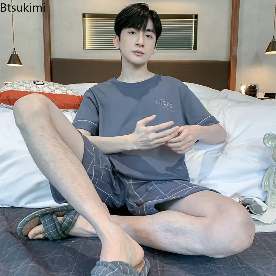 2025 Men's Summer Short Sleeve Pajama Sets Cotton Plaid O-neck Sleepwear Men Home Clothes Young Male Homewear Sets 2PCS L-4XL