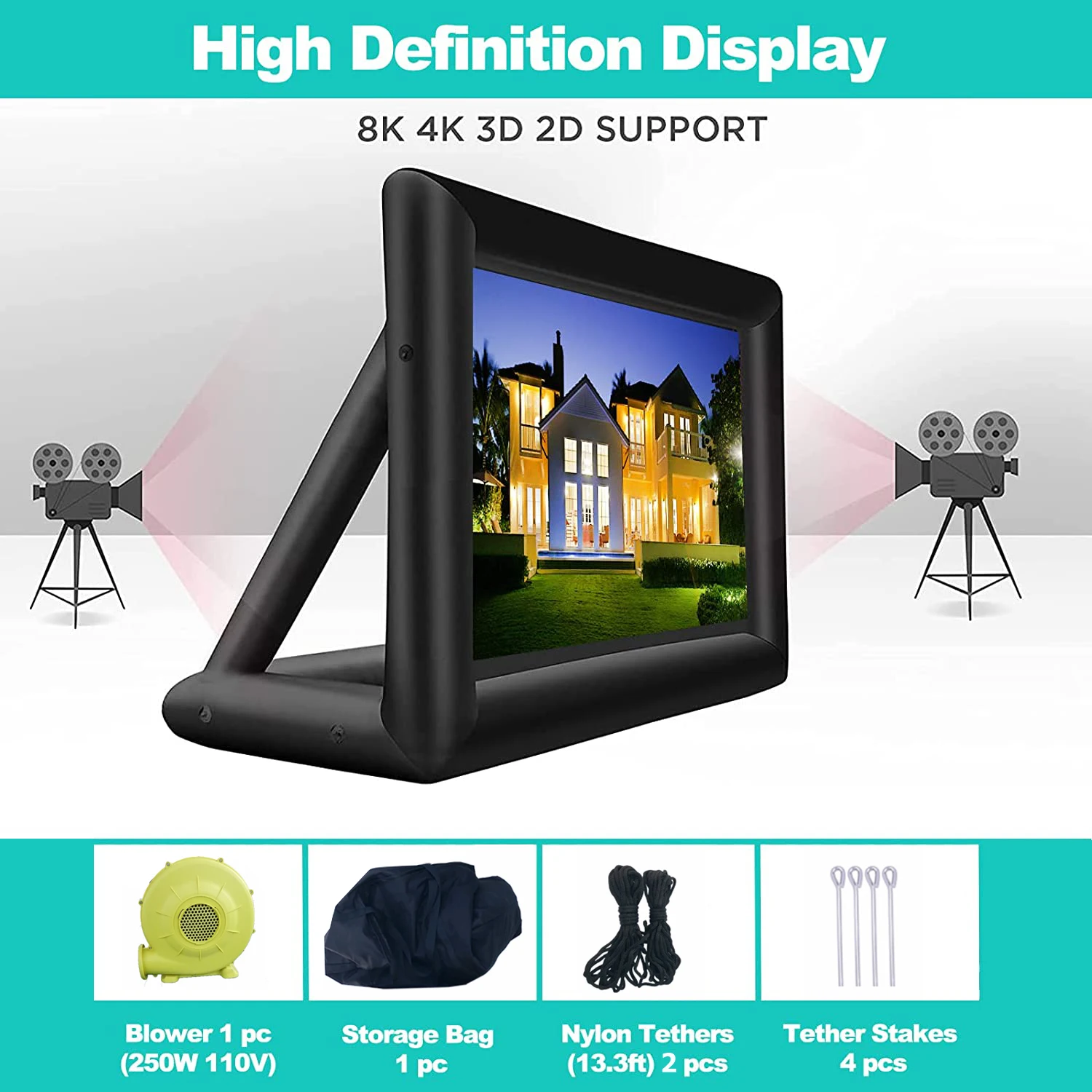 Home Cinema 20ft Common Inflatable Projection Screen Movie Screen with Air Blowe16:9 Easy Carry for Camping Wedding Outdoor