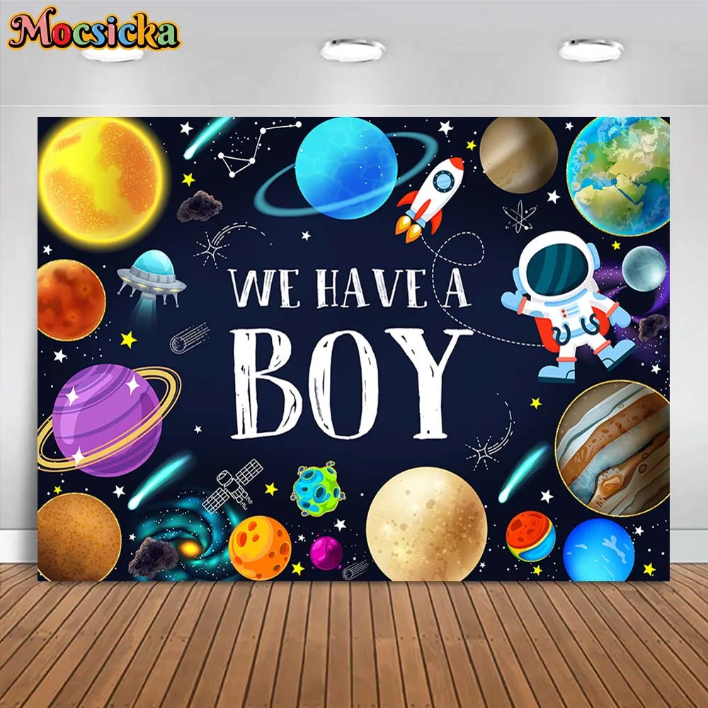 Mocsicka We Have A Boy Baby Shower Backdrop Space Planet Universe Boys Welcome Party Photo Background Decor Banner Newborn Props