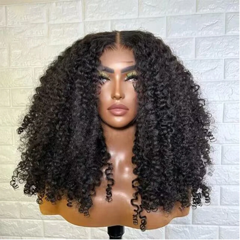 Macio 26 Polegada 180 densidade natural preto longo sem cola kinky encaracolado peruca dianteira do laço profundo para mulheres com cabelo do bebê pré-arrancado diariamente