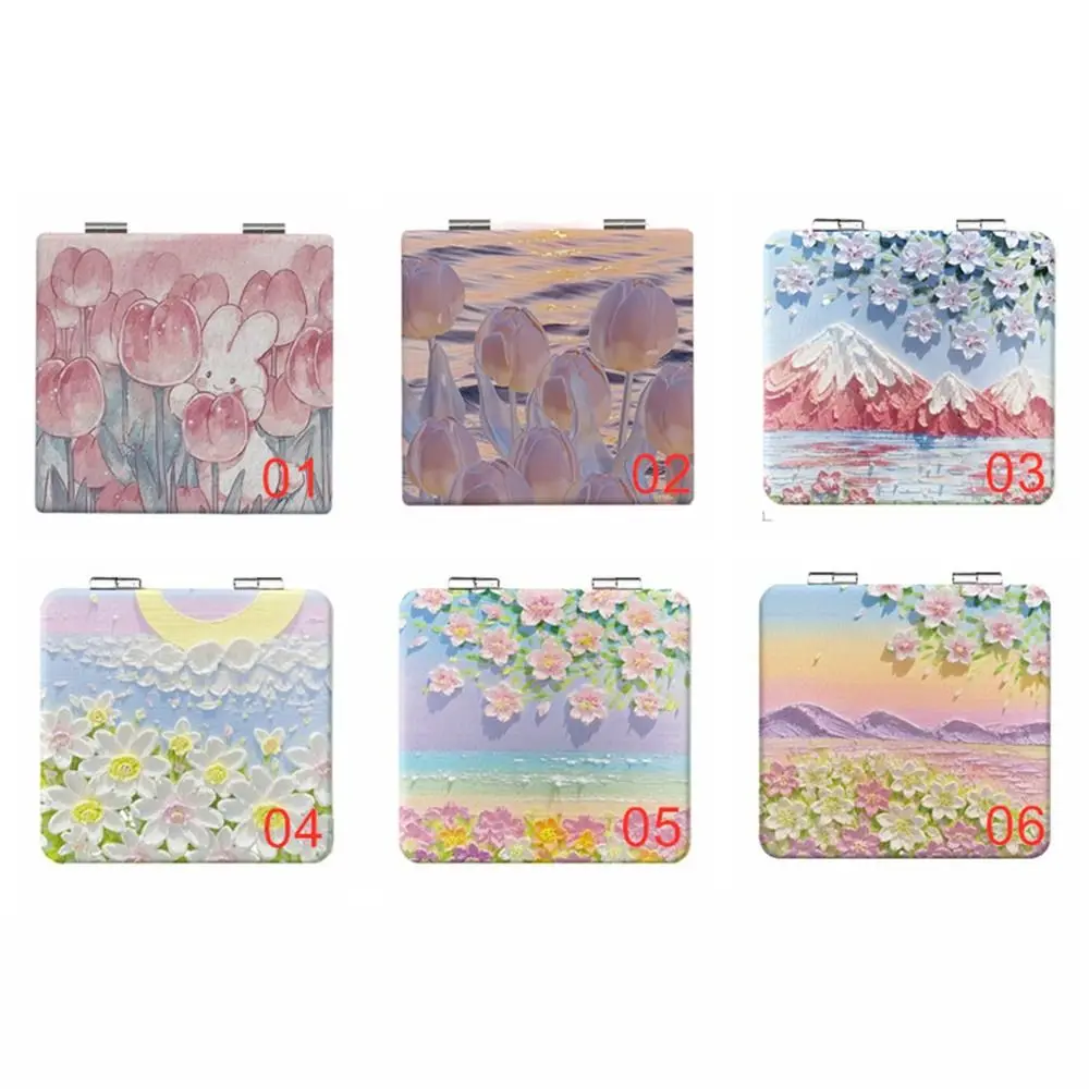 Tulpe Quadratischer Schminkspiegel Ölgemälde Doppelseitiger Kosmetikspiegel Eitelkeit Handheld Klappspiegel Make-up-Zubehör