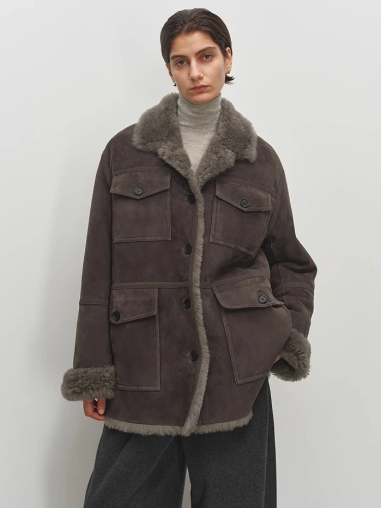 

High-end Luxury Natural Lamb Fur Suede Jackets for Women 2025 New Simple Vintage Winter Genuine Leather Real Fur Shearling Coat