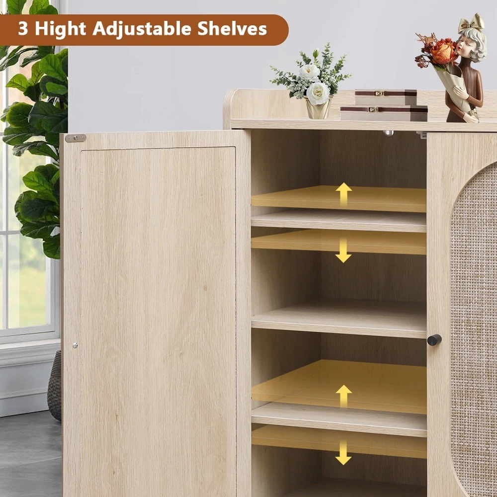 xx-Modern Wood Shoe Cabinet with 2 Oval Rattan Doors & 3 Shelves Storage Fence on Top Wood Shoe Rack for Living Room*