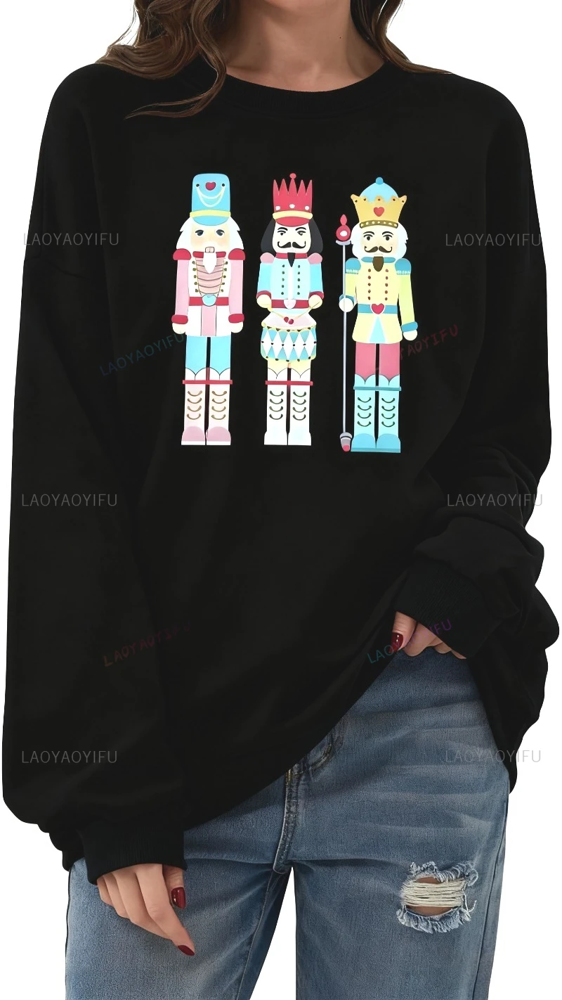 Hoodies Women Christmas Nutcracker Sweatshirt Crewneck Long Sleeve Shirts Christmas Sweatshirt Funny Pattern Sweater Clothing
