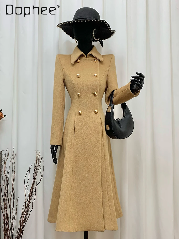 

Commuting Style Fashion Camel Color Lapel Wool Coat Winter New High-end Fashion Thickened Warm Long A-line Swing Trench Coat