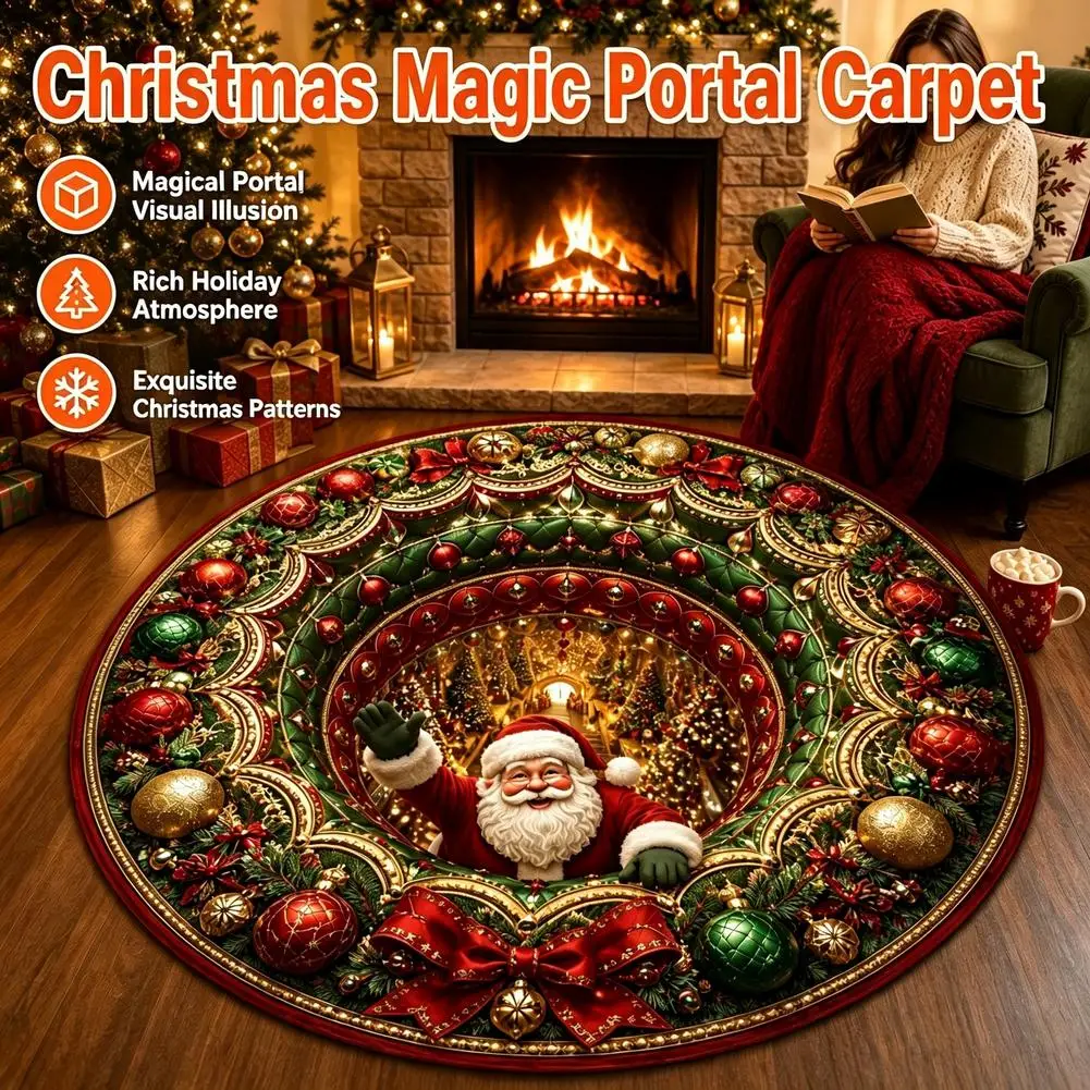 Christmas 3D Round Rug Optical Illusion Santa Claus Reindeer Carpet Non Slip Floor Doormat Living Room Bedroom Xmas Decor 60cm