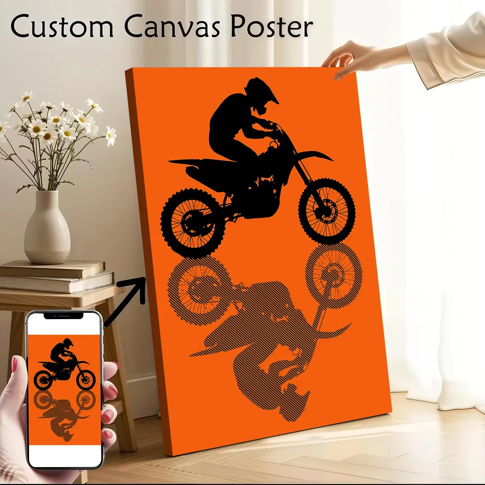 Motocross Rider Silhouette With Reflection Canvas Poster Wall Art Customizable High Quality Printed Picture for Home Decor Mural