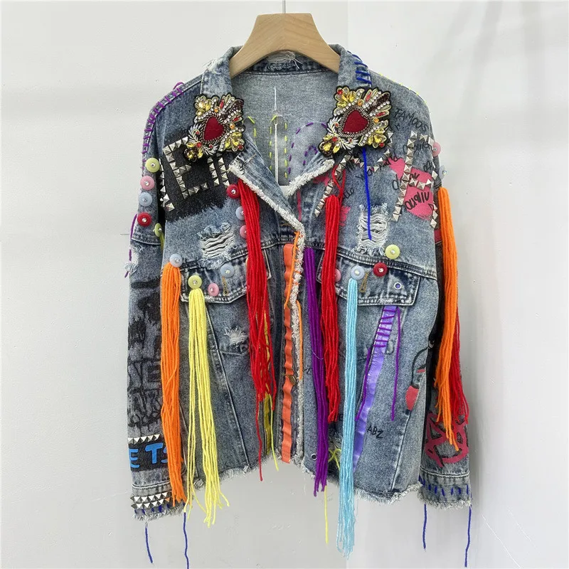 Ręcznie malowane Graffiti Line Tassel Rivet Short Hole Denim Jacket Blue Black Casual Streetwear Lapel Long Sleeve Jeans Jacket Coat