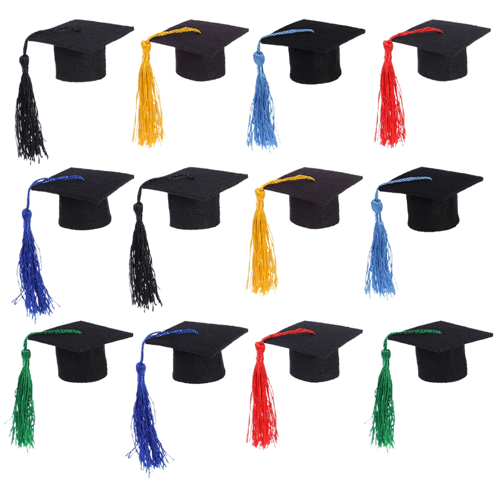 

12 pcs Graduation Cap Mini Doctor Hat Bottle Topper Party Supplies Student Fringe Decor Bottle Favor Non-woven Fabric