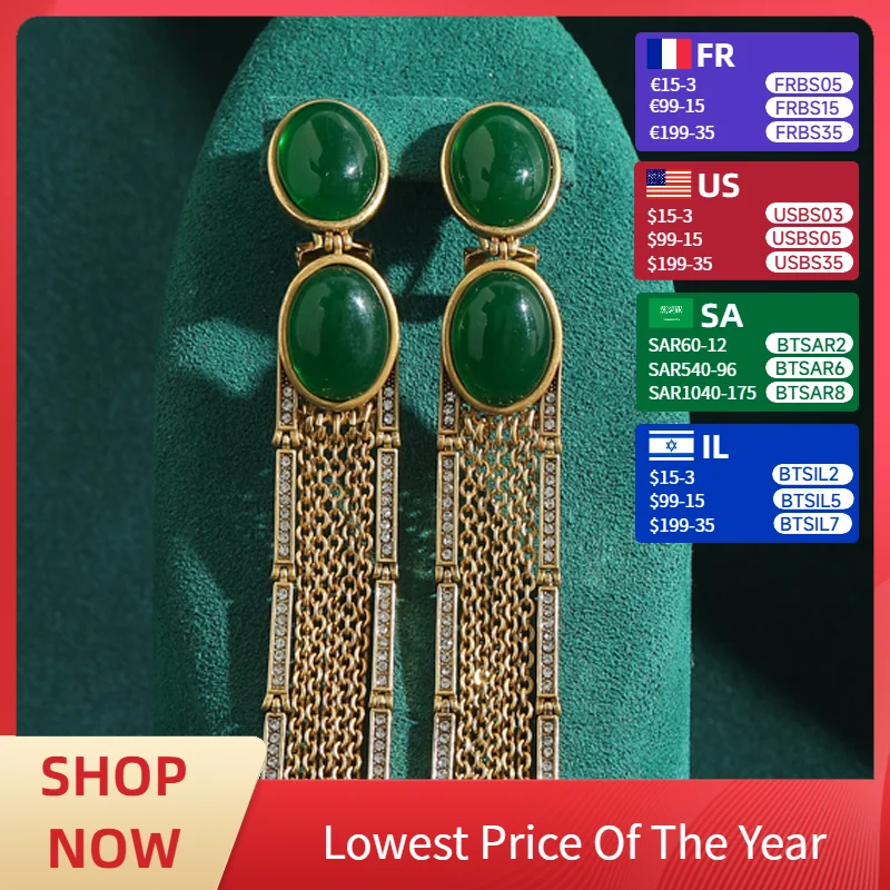 

Retro Vintage Oval Emerald Natural Stone Metal Chains Tassel Drop Earrings for Woman Antique Jewelry Wedding Accessories New