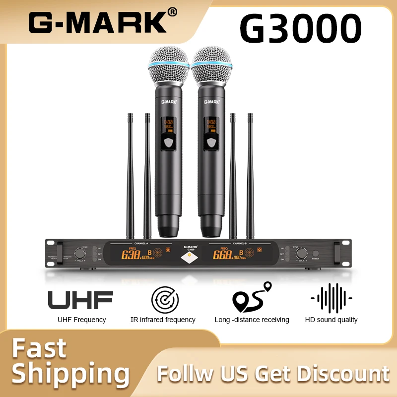 

Wireless Microphone System G-MARK G3000 Professional 2 Channel UHF Handheld Mic Set For Party Karaoke Church Speaking Stage 80M