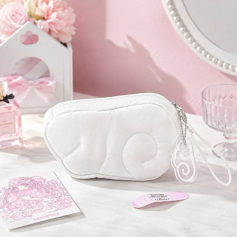 Sweet Y2K Angel Wing Padded Cosmetic Bag Puffy Kawaii Portable Wristlet Storage Pouch with Charm for Travel Toiletry School Use