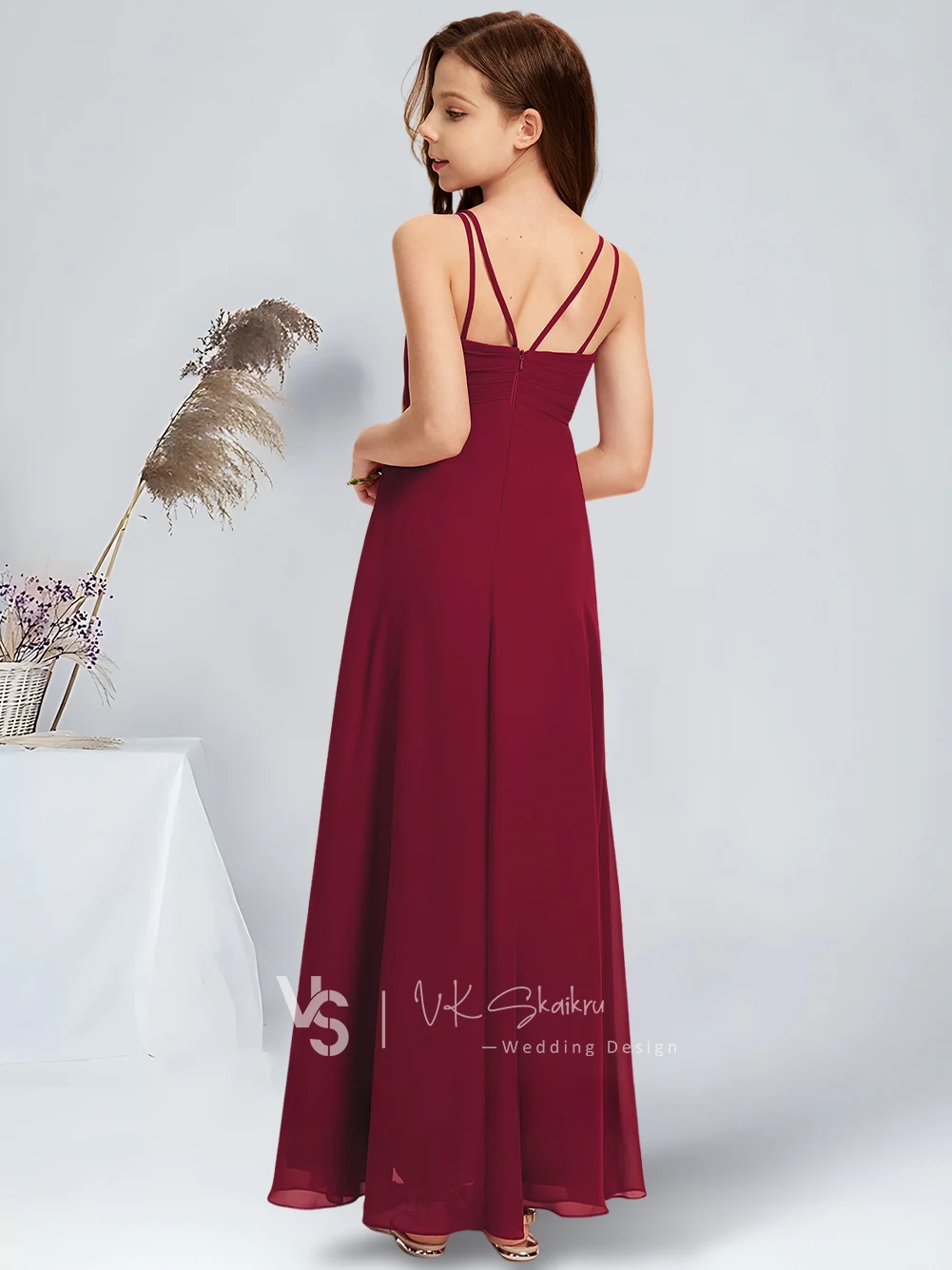 A-line V-Neck Floor-Length Chiffon Junior Bridesmaid Dress Graceful Burgundy Flower Girl Dress for Wedding Party Communion Dress