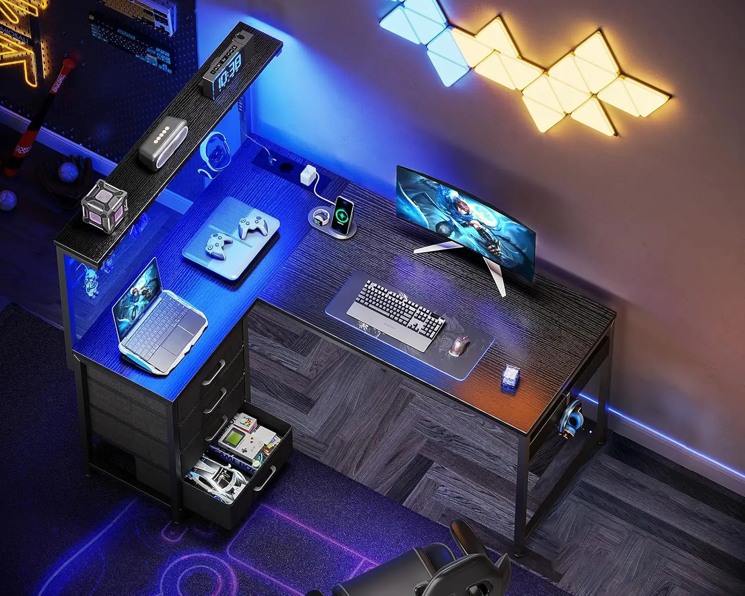 Coleshome Escritorio Esquinero Gaming con LED, Enchufe y 4 Cajones