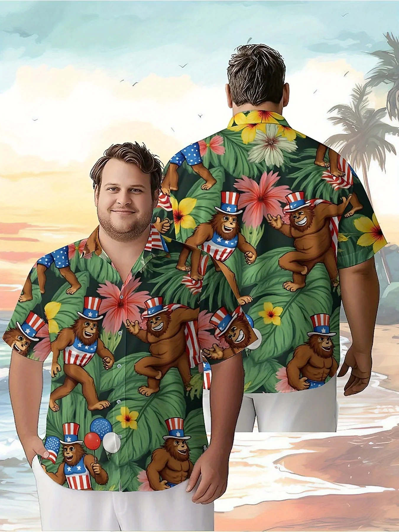 Men's Plus Size Hawaiian Shirts Jungle Sasquatch Carnival Pattern, Summer Casual Tops, Suitable for Outdoor Party, Streetwear