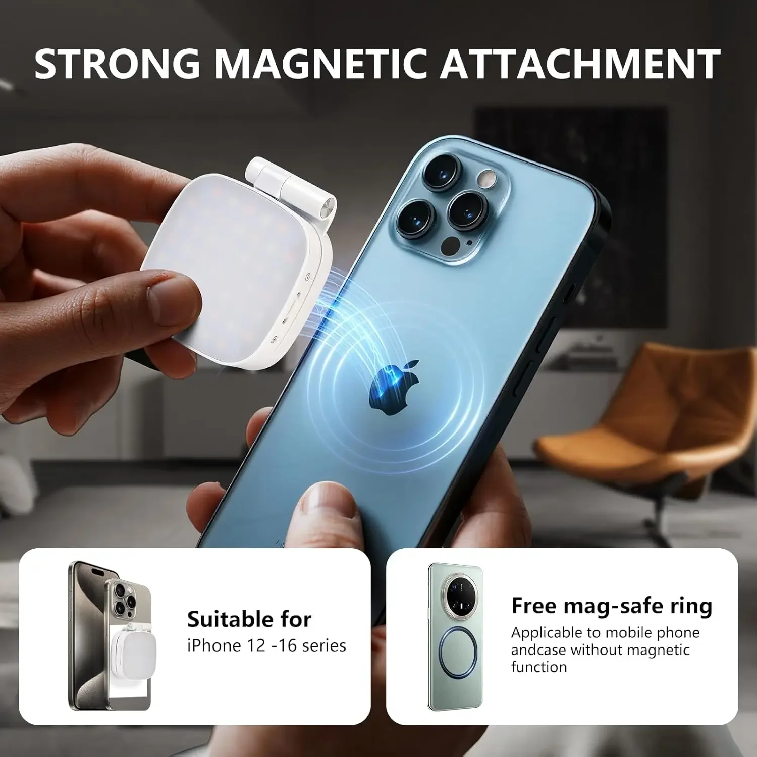 ضوء سيلفي مغناطيسي للايفون مع 360 درجة °   ضوء ومرآة بحلقة LED مثالية لمتوافقة مع Selfies Vlog MagSafe