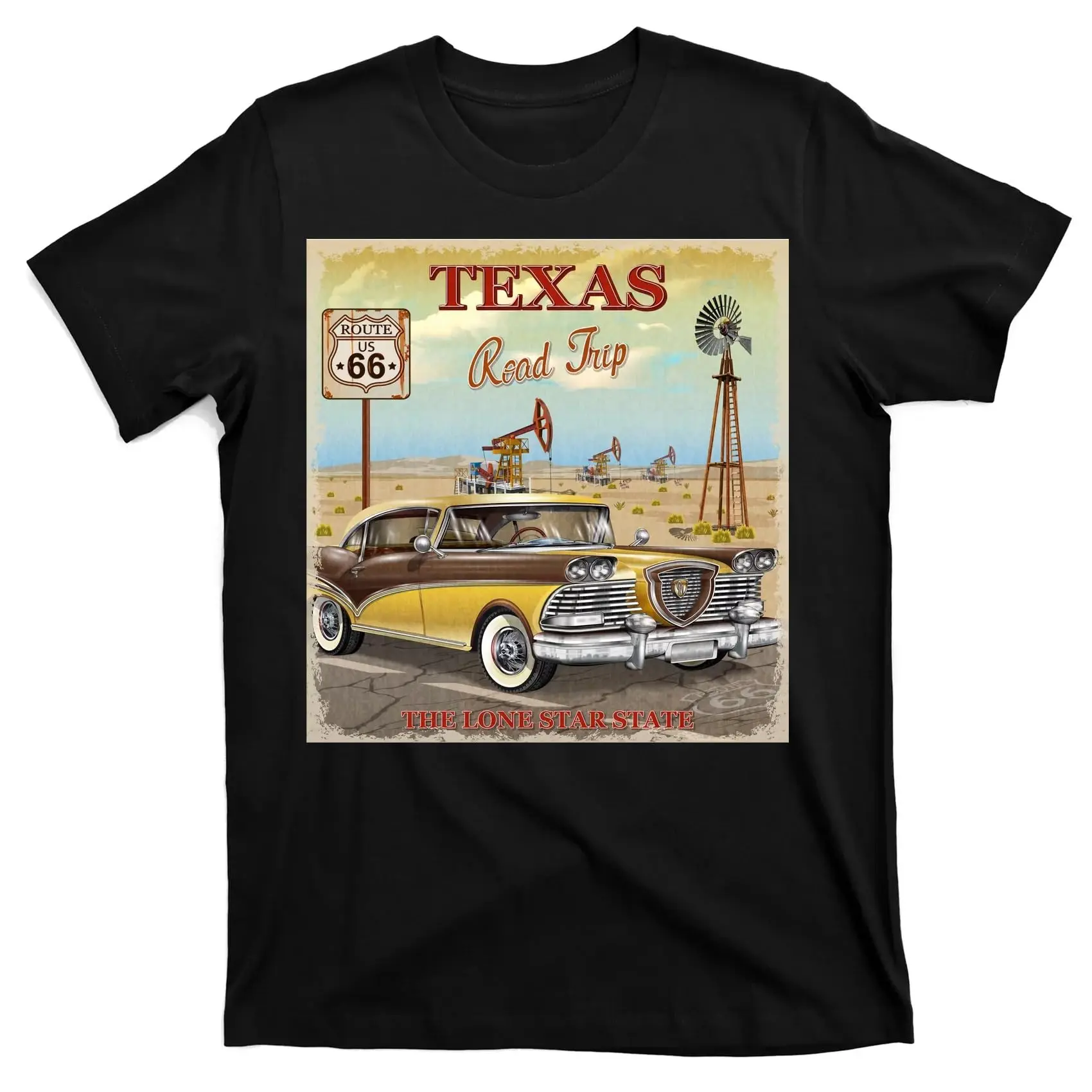 Texas Road Trip Route 66 Classic Car T-Shirt Black,Unisex T-shirts for Men Women Summer Tees Cotton Luxury brand vintage oversiz