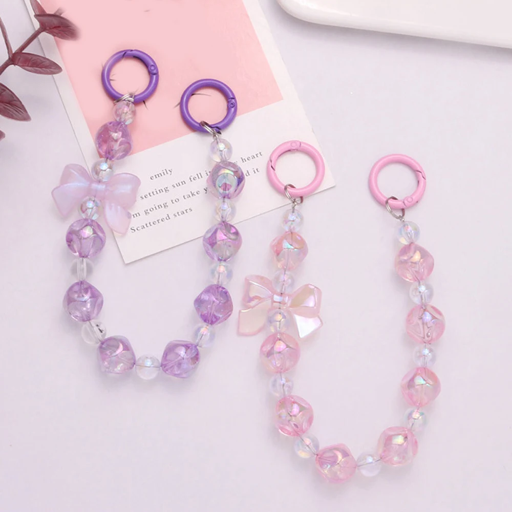 Y2K Cute Bowknot Phone Charm Strap Lanyard DIY Beaded Pendant Sweet Girl Keychain For iPhone Accessories Purse Bag Pendants