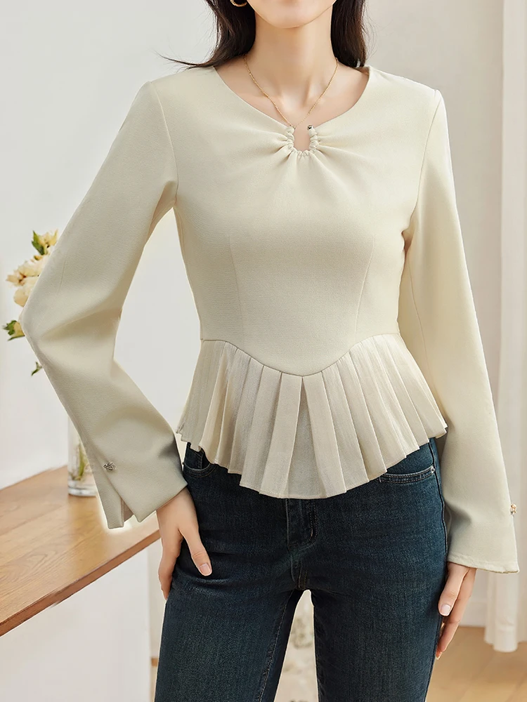 Stylish Office Ladies Apricot Shirts Long Sleeve Korean Fashion Women Tops Slim Waist Ruffles Shirts Solid Color Commute Shirts