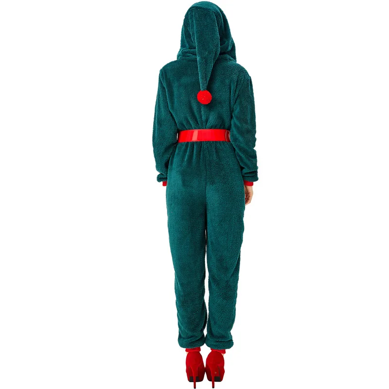 Women's Christmas Green Christmas Elf Casual Flannel Long Sleeve Bodysuit Pajamas Role Play Costume Christmas New Year Costume