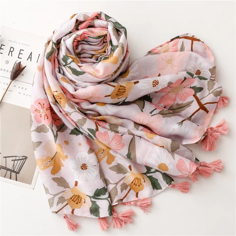 New Women\'s White Color Big Floral Printed with Tassel Scarf Cotton Soft Feeling Viscose Hijabs Scarves Wraps Stoles Shawls