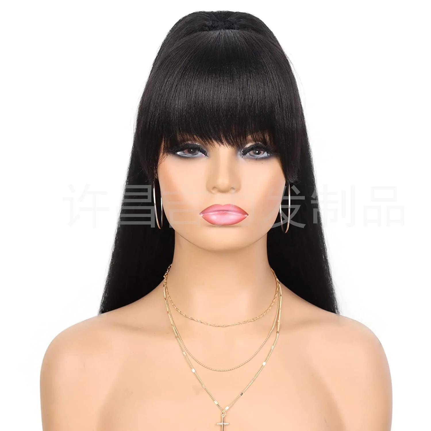 Peruka syntetyczna Haipiece Yaki Drawstring Ponytail Extension with Bangs Long Straight Clip in for Black Women Girl Lady Party Daily