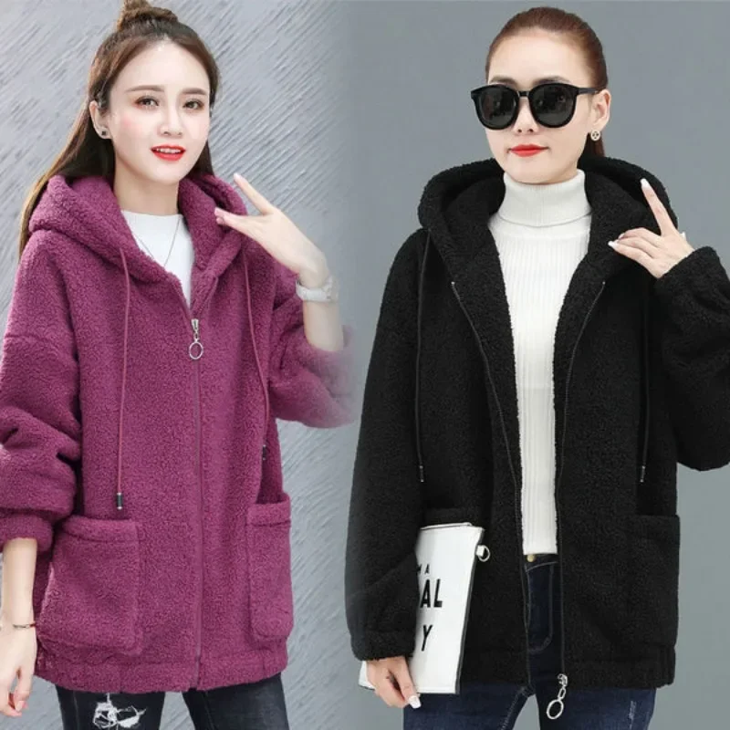 Women Fleece Hooded Sweater Solid Lamb Cashmere Cardigan Jacket Coat Ladies Casual Plush Autumn Winter Long Sleeve Korean Tops