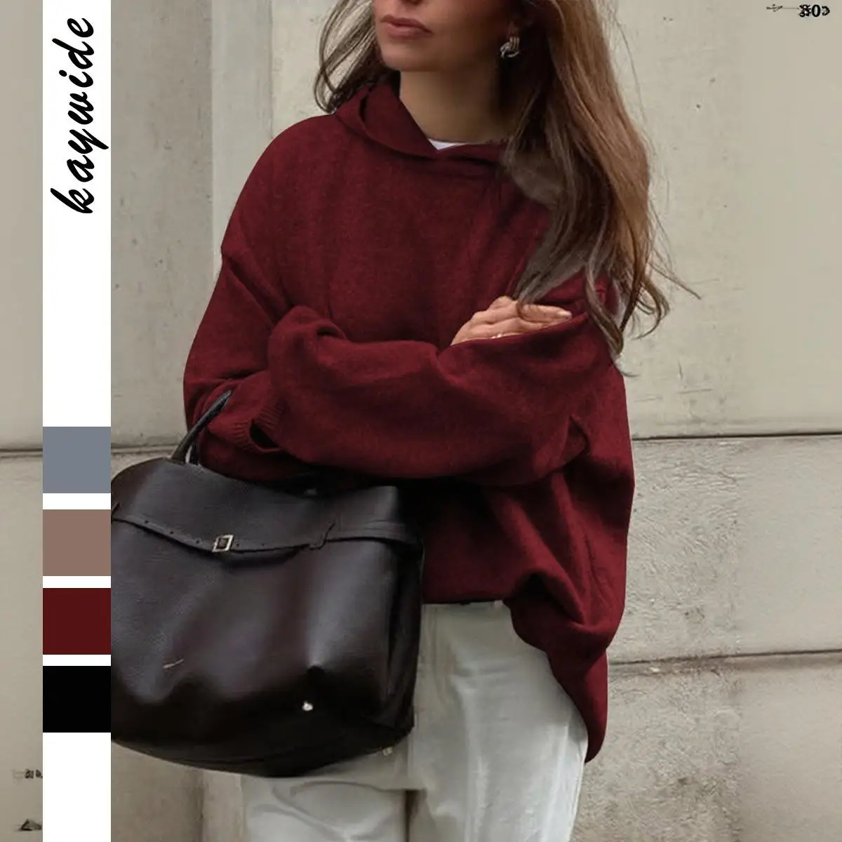 

Женская длинная толстовка с капюшоном из тканой шерсти, повседневный вязаный топ, зимняя модная женская одежда премиум-качества