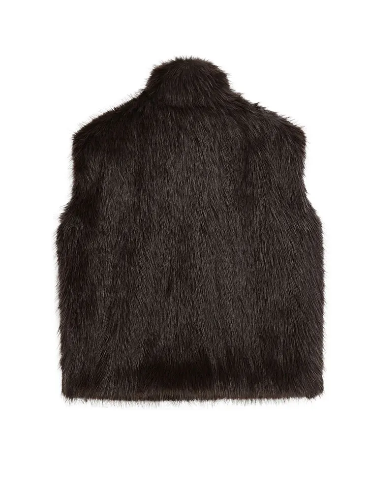 HH الخريف المرأة بلا أكمام فو الفراء سترة علوية خمر بني داكن الياقة المدورة سستة ملابس خارجية سيدة الموضة عالية الشارع صدرية #3