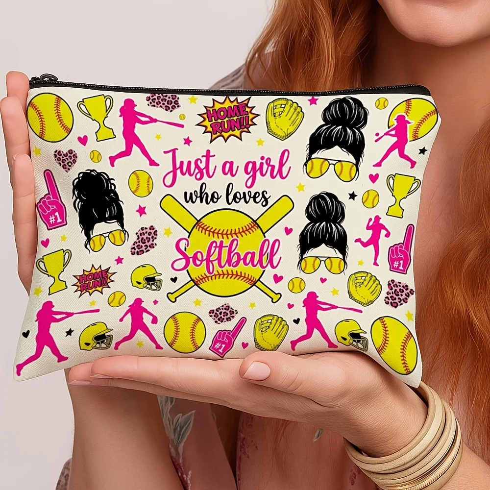Just A Girl Who Loves Softball Print Pencil Case Sports Theme Zipper Cosmetic Pouch Portable Storage Bag Gift Softball Player