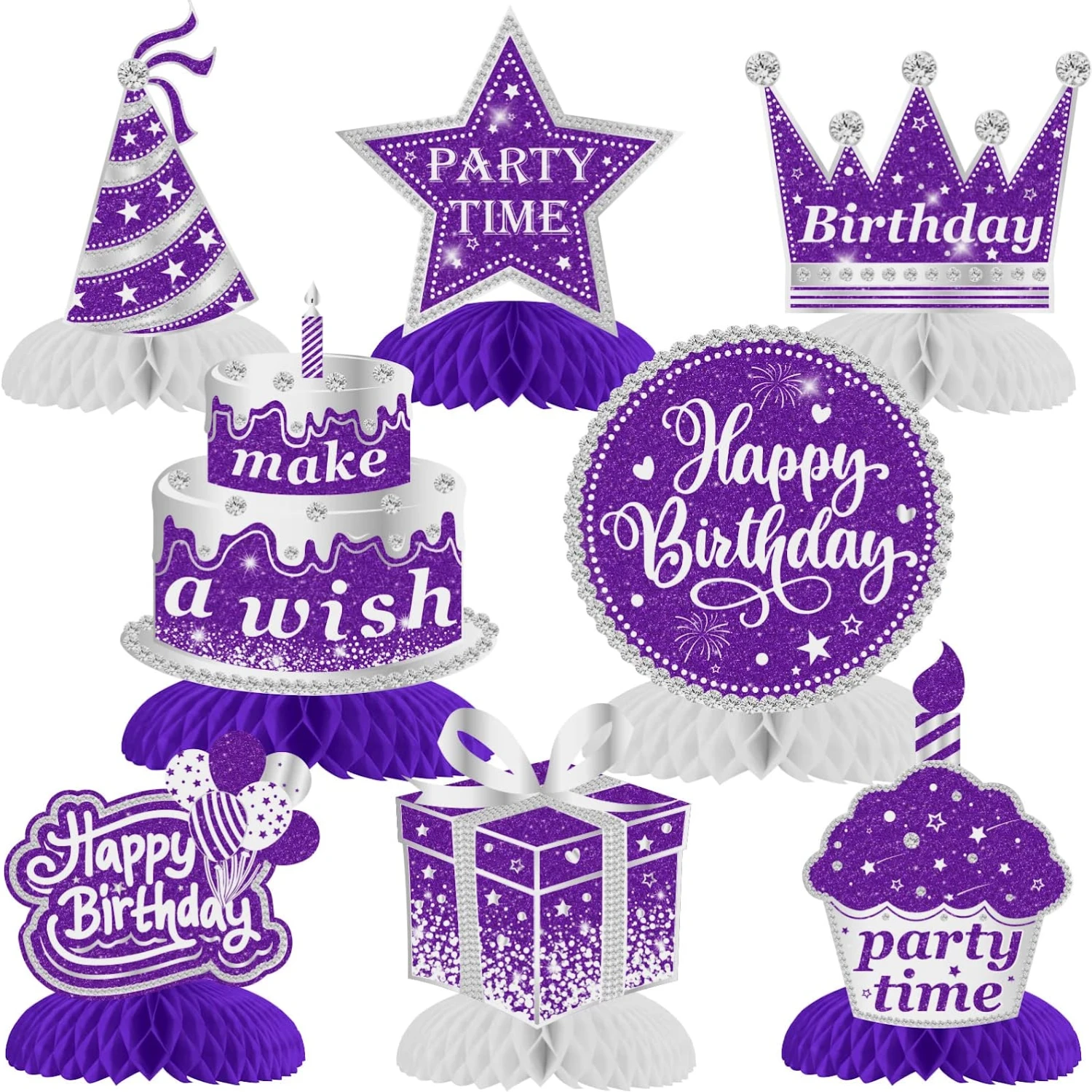 

Sursurprise-Happy Birthday Honeycomb Centerpieces Decorations, Table Toppers, Purple and Silver, Girls and Women Birthday Party