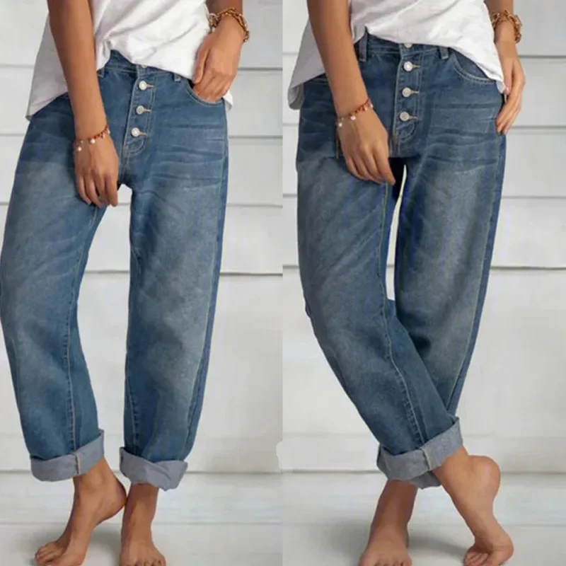 

Button Fly Straight Jean Women Ankle Length Denim Pants Pockets Loose High Waist Washed Jeans Casual Solid 2025 Vintage