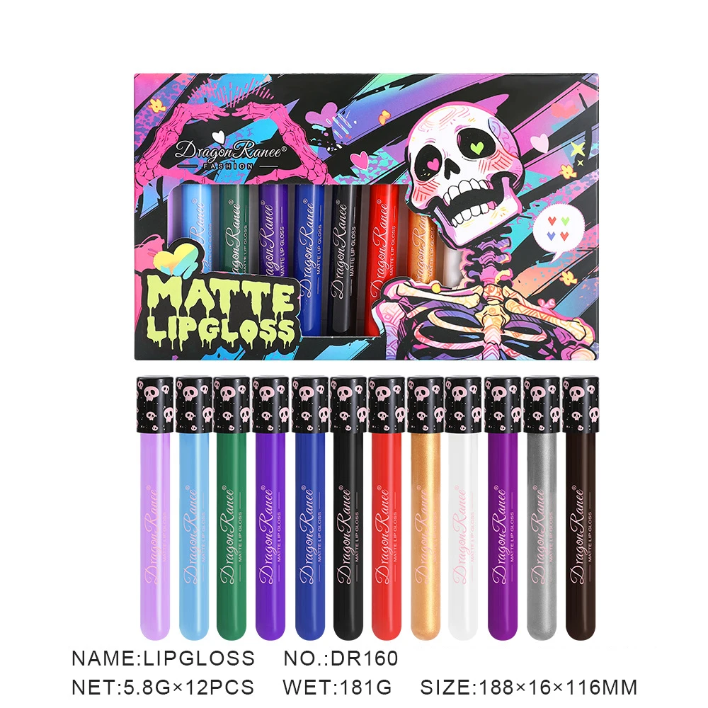 12Pcs/Box Matte Liquid Lipstick Makeup Colorful Black White Lip Gloss Waterproof Metallic Lip Glaze Halloween Party Cosmetics