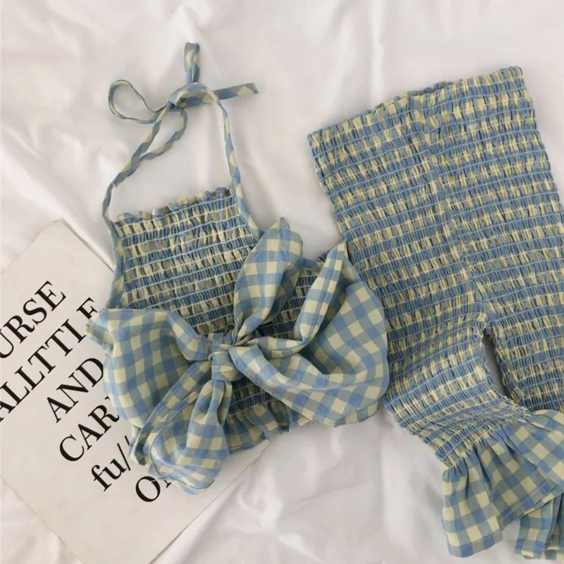 Girl\'s Fashion Bow Tank Top Set 2024 Summer New Beach Suit Cute Baby Girl\'s Plaid Backless Sling Tops + High Elastic Flare Pants