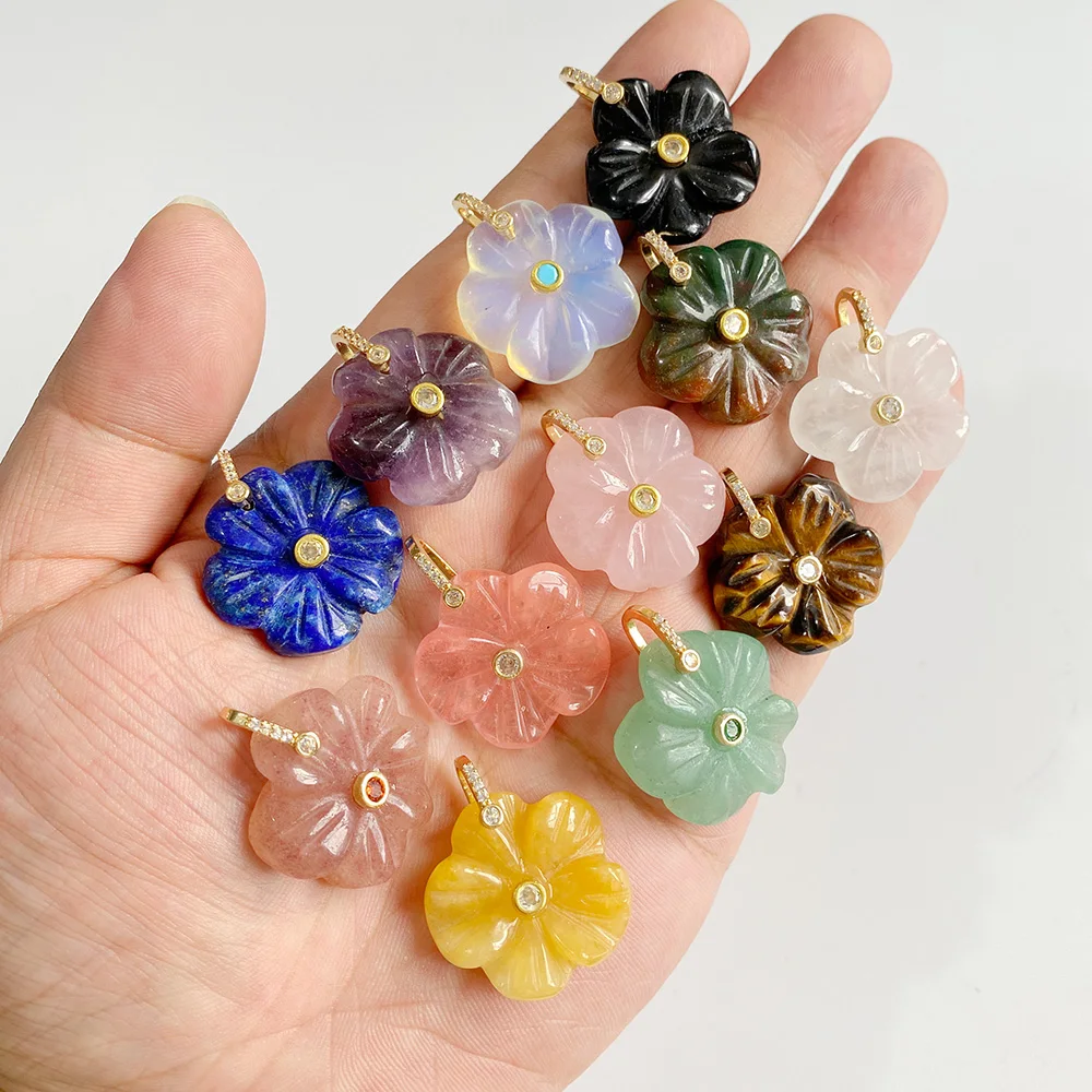 1PC Healing Crystal Flower Shape Pendant 25MM Natural Gemstone Carved Floral Charm For Jewelry Making Necklace Earrings DIY