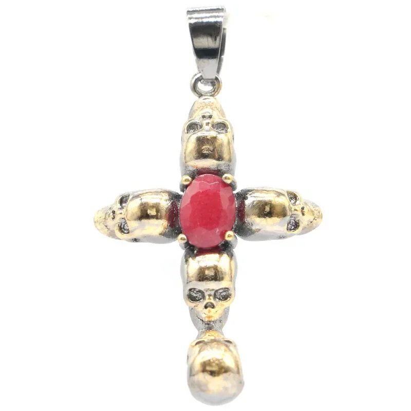 Buy 3 Get 1 Free 44x24mm 2021 Neo-Gothic Skull  7g Real Red Ruby Green Emerald For Man Street Jewelry Black Gold Silver Pendant