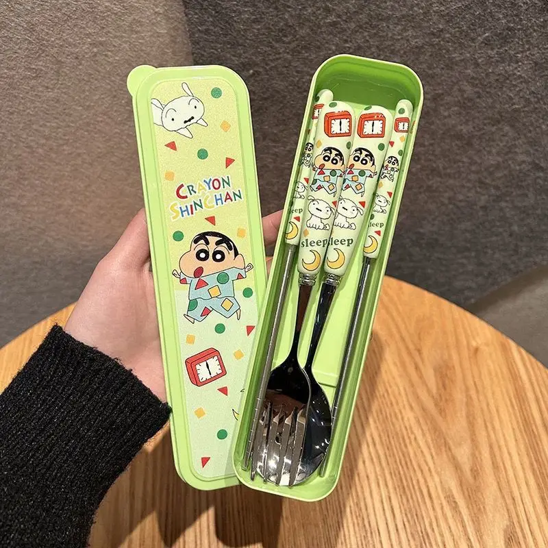 Juego de Cubiertos Xiaocai Xiaoxin de Acero Inoxidable, Cuchara, Tenedor y Palillos, Juego de Tres Piezas Portátil para Dormitorio Estudiantil y Hogar