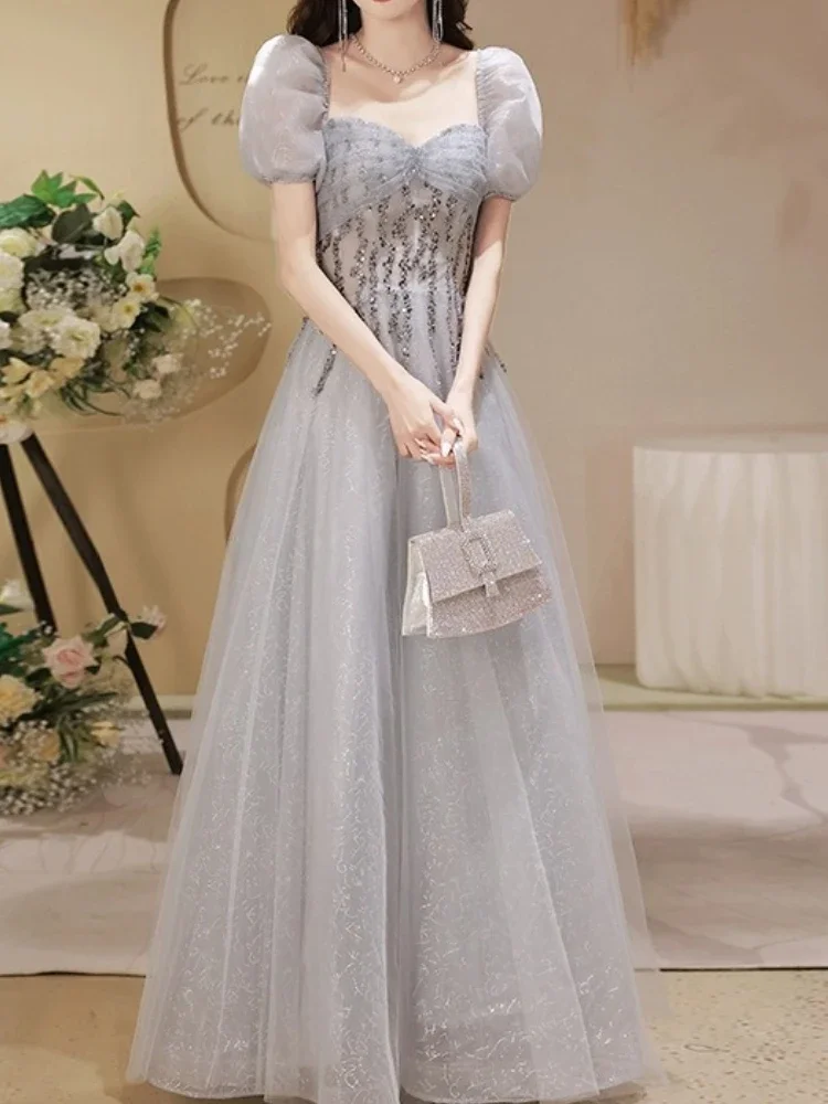 Customized Elegant French Square Collar Puff Sleeve Vestidos Aesthetic Sequin Appliques Slim Waist Princess Dress Sweet Mesh Tie