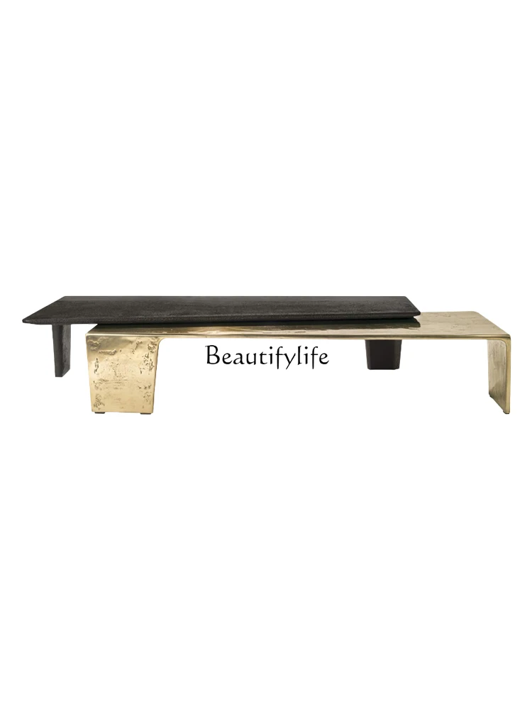 

Light Luxury High and Low Combination Solid Wood Tea Table Modern Distressed Hammered Stainless Steel Short Tea Table