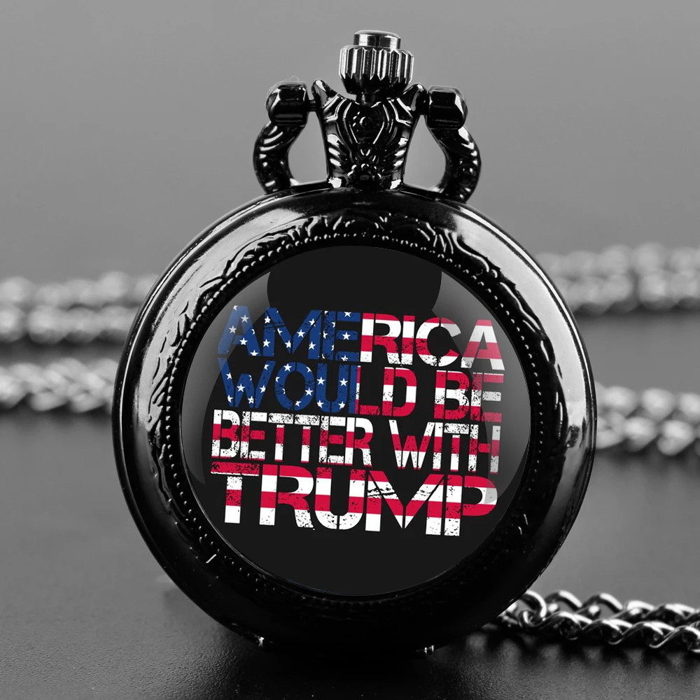 Trump Victory 2024 Design Glass Dome Quartz Pocket Watch with Durable Chain Arabic Numeral Dial for Men and Women Creative Gifts