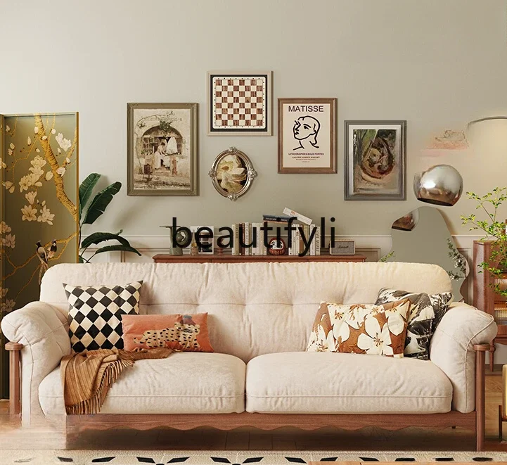 French all-solid wood cloud sofa retro three-person small apartment living room log cream wind straight row fabric sofa