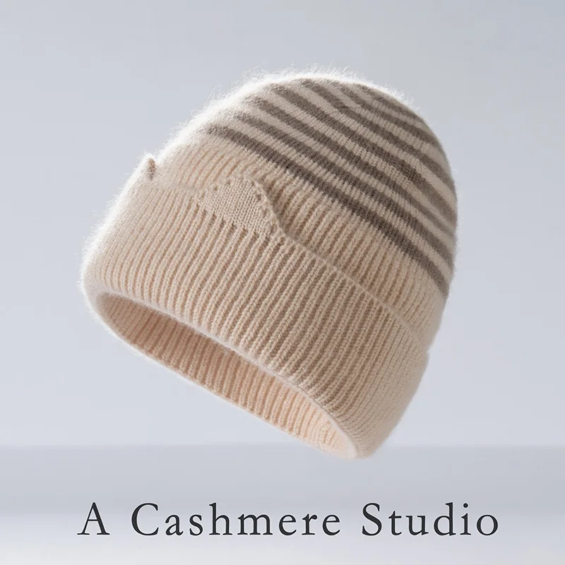 Two-Tone Striped Children'S Hat Muffler Unisex 100% Pure Cashmere Wavy Brim Knitted Warm Cold Weather Hat scarf