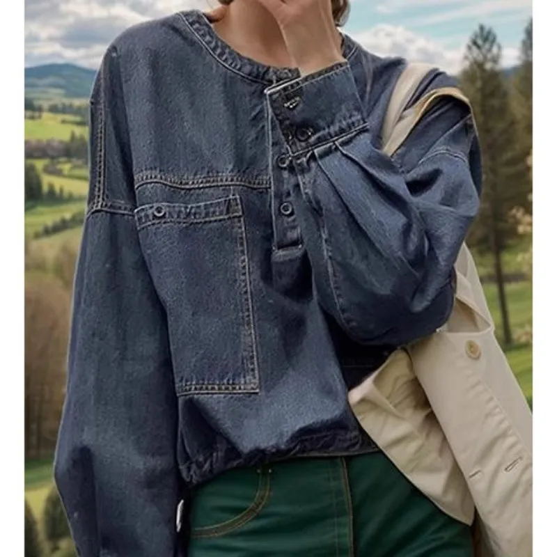 Women's Spring Autumn Tops Coat Denim Round Neck Shirt Long Sleeve Vintage Casual Designed Advanced Soft Niche Versatile Skinny