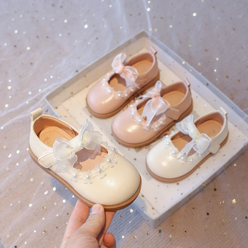 Baby Girls Leather Shoes for Wedding Party Princess Kids Flat Mary Janes Lace Bowtie with Beading 2025 Spring Children Flats New