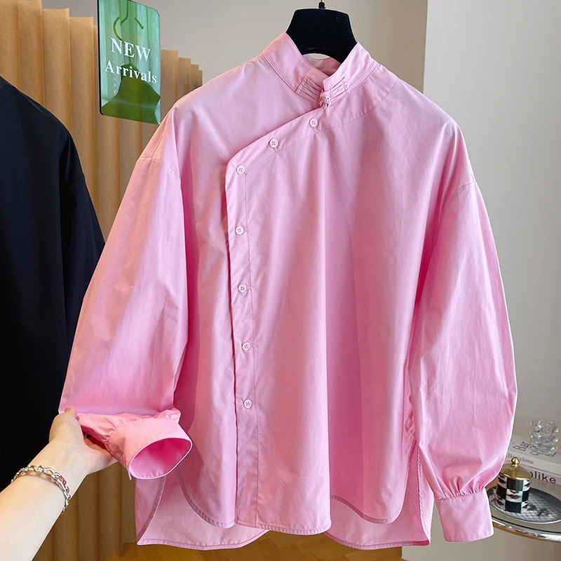 

Women Spring Autumn Blouses Shirts Lady Casual Long Sleeve Stand Collar Solid Color Unique Niche Design Tops