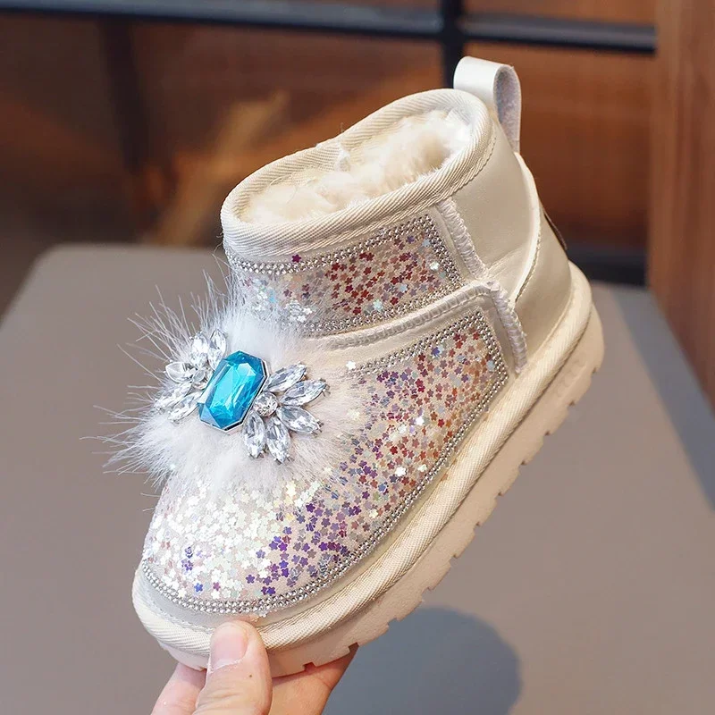 Pink Girls Snow Boots Sequin Kids Plush Shoes for 20243 Winter Casual Shoe Children\'s Warm Shoe Zip Flats Ankle Boot 26-36