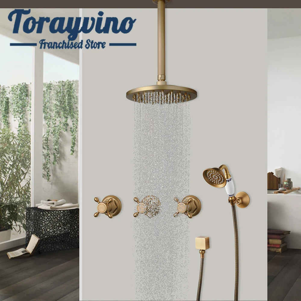 

Torayvino Bathroom Shower Set Antique Brass With Square Shower Head And Top-Spray Faucet Rainfall Hot and Cold Water Mixer Taps